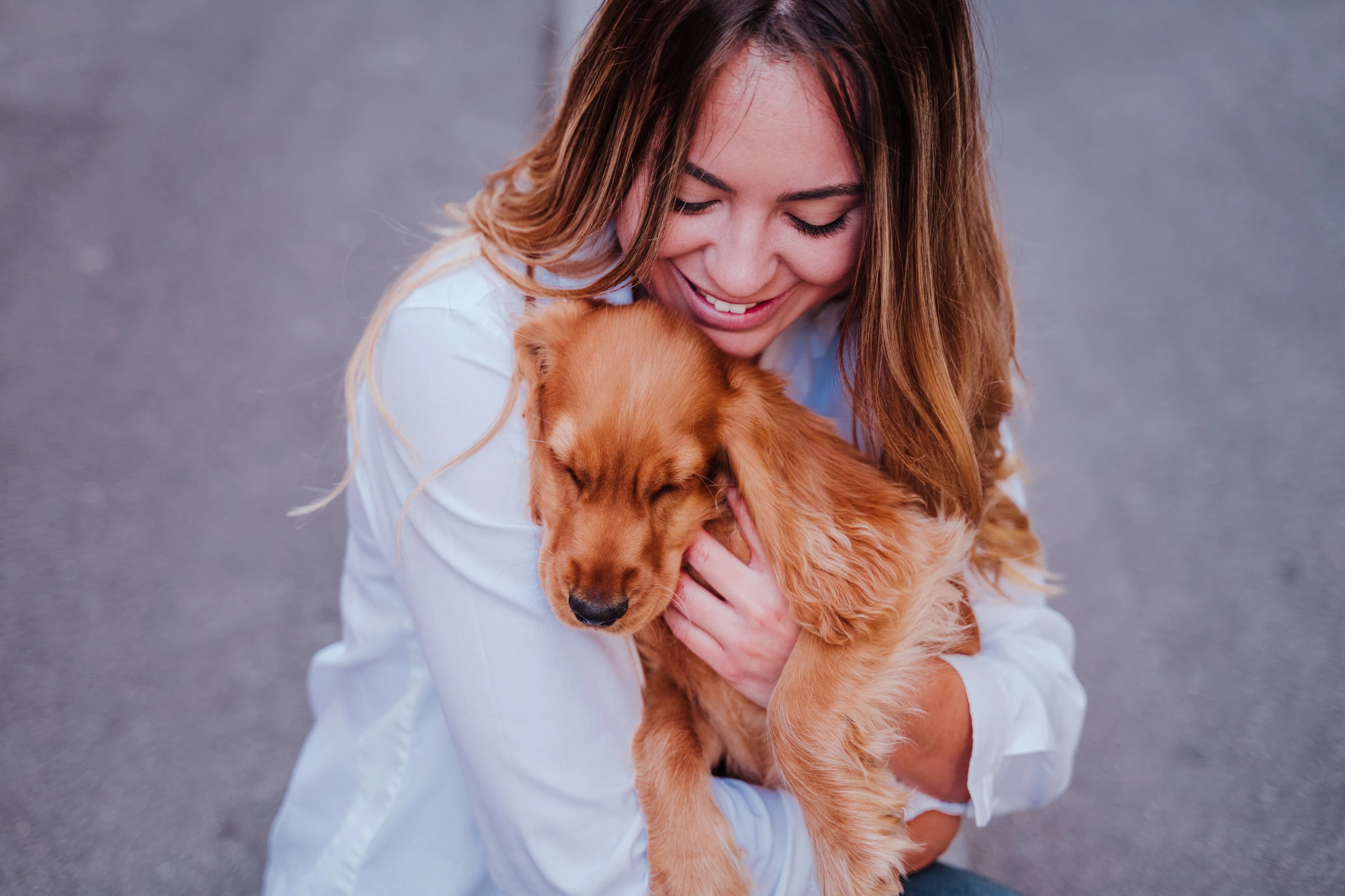 A person holding and connecting with a newly adopted dog