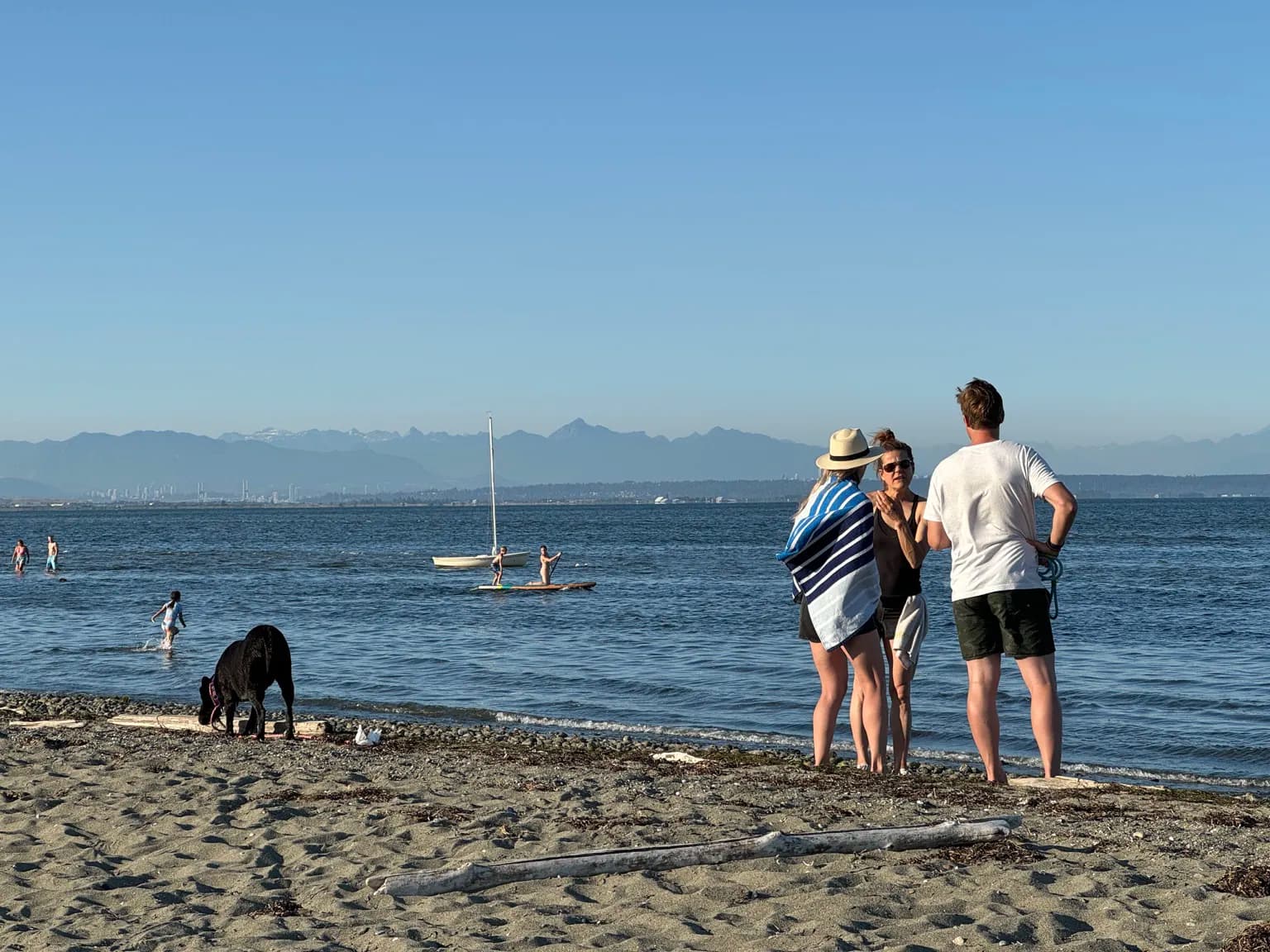 Dog and families enjoying the waterfront in Delta, British Columbia, with mountains in the distance