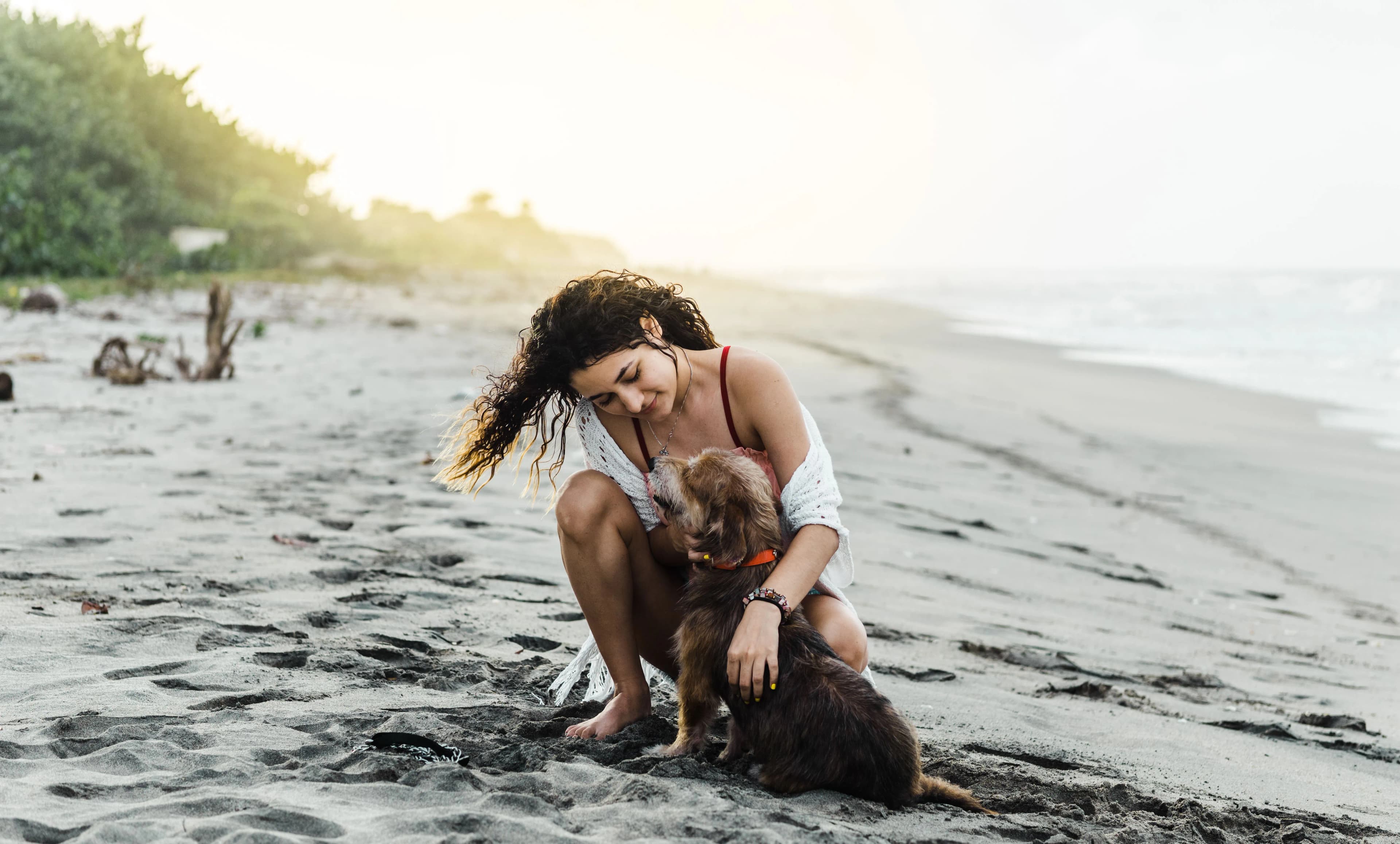 Woman sharing a quiet moment with her dog on a West Vancouver beach